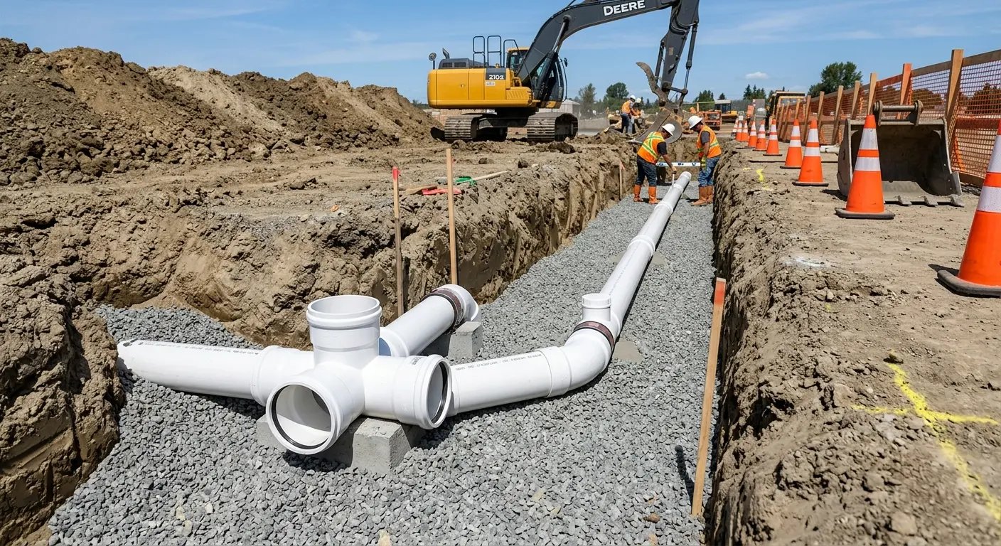 New PVC sewer pipe installation in open trench for Sewer Backup in Rancho Cordova