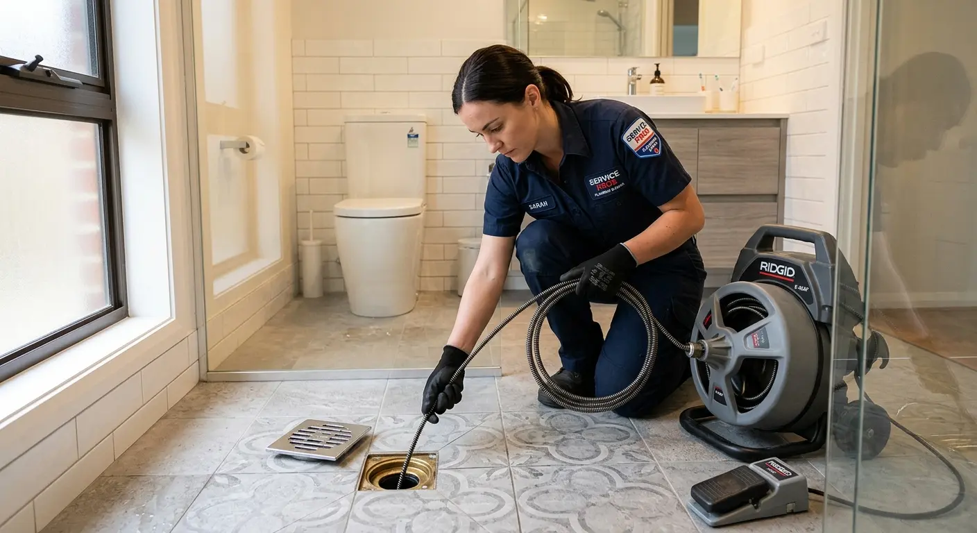 Technician clearing a bathroom floor drain for Hydro Jetting in Rancho Cordova